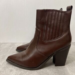 Day Vine Block Heel Brown Leather Pointed Toe Zip Western Ankle Boots Womens 9